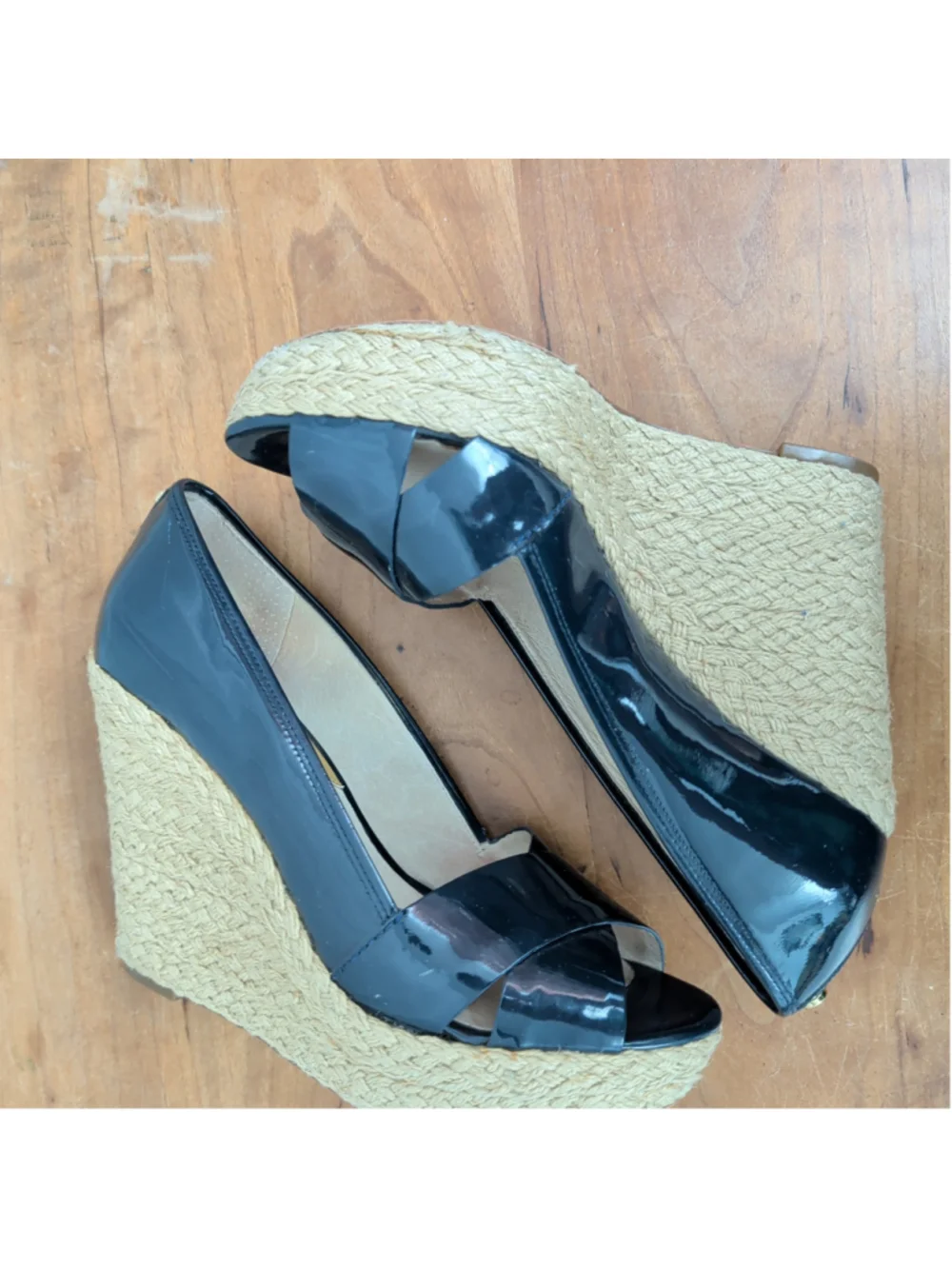 MICHAEL Michael Kors Black Patent Espadrille Wedge Sandals